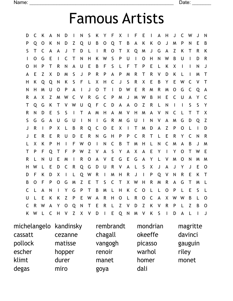 Famous Artists Word Search