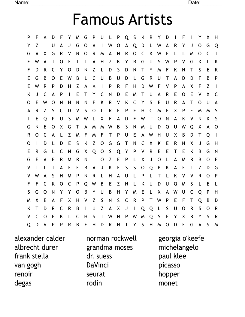 Famous Artists Word Search