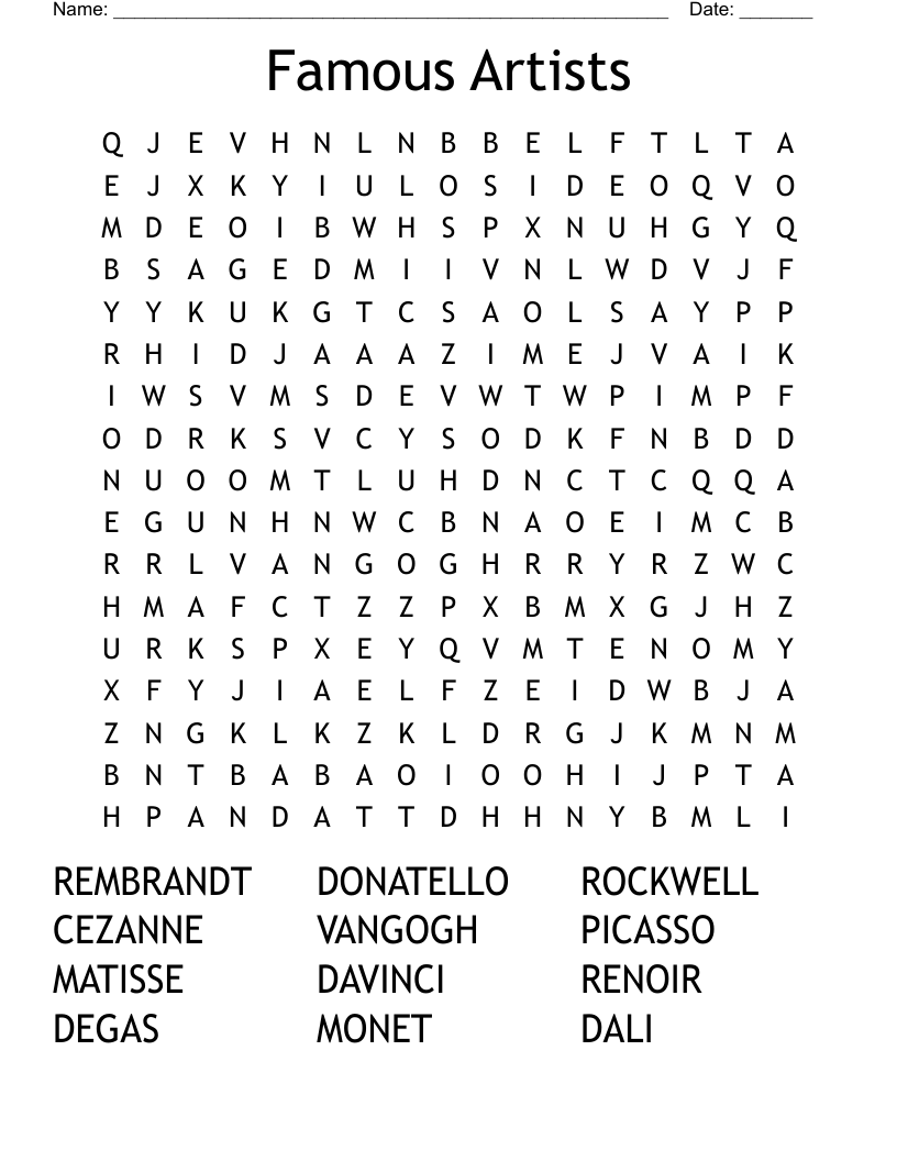 Famous Artists Word Search