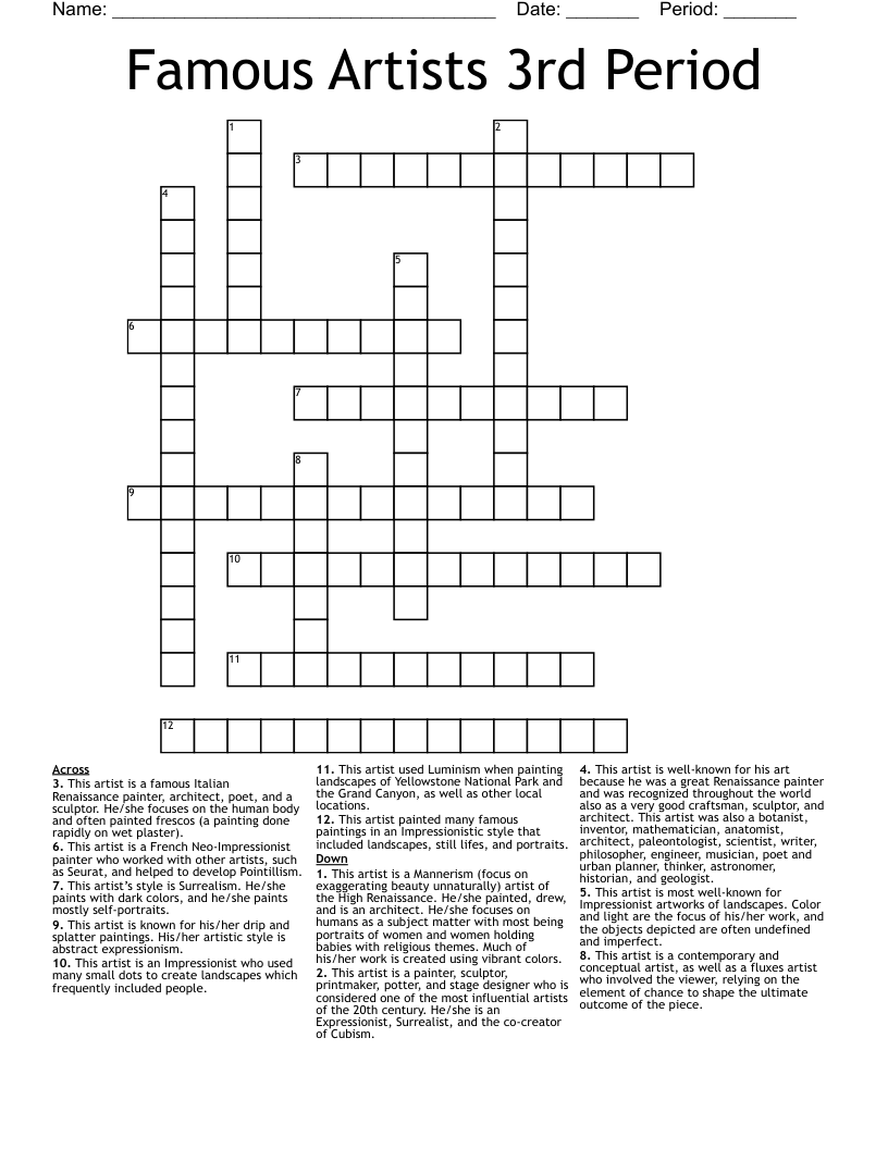 Famous Artists 3rd Period Crossword