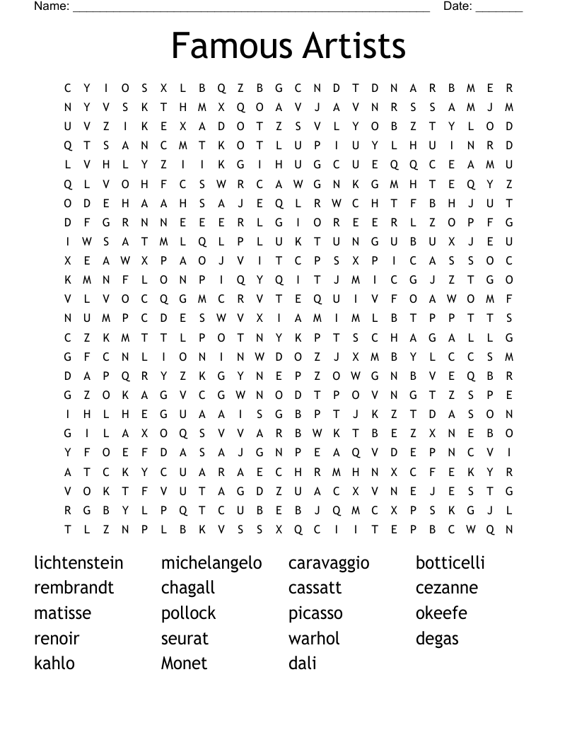 Famous Artists Word Search