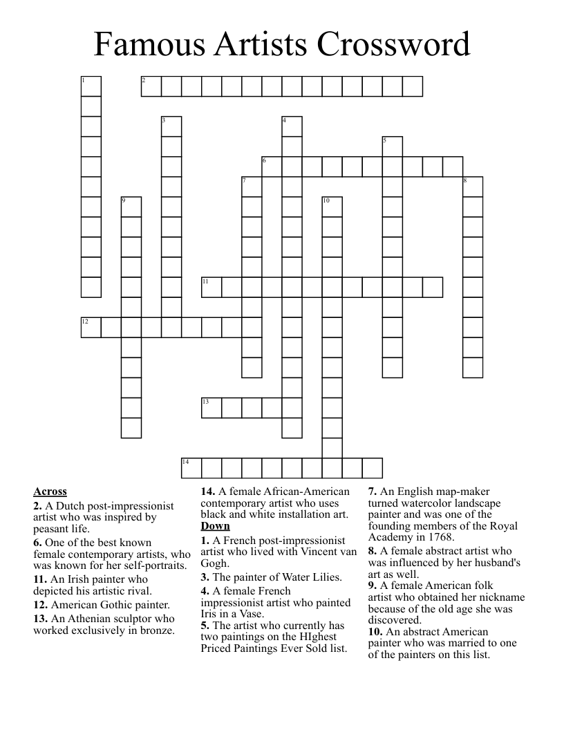 Famous Artists Crossword