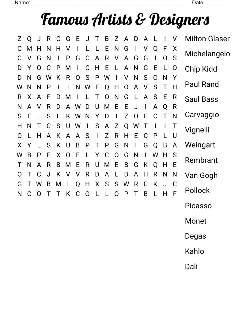 Famous Artists & Designers Word Search
