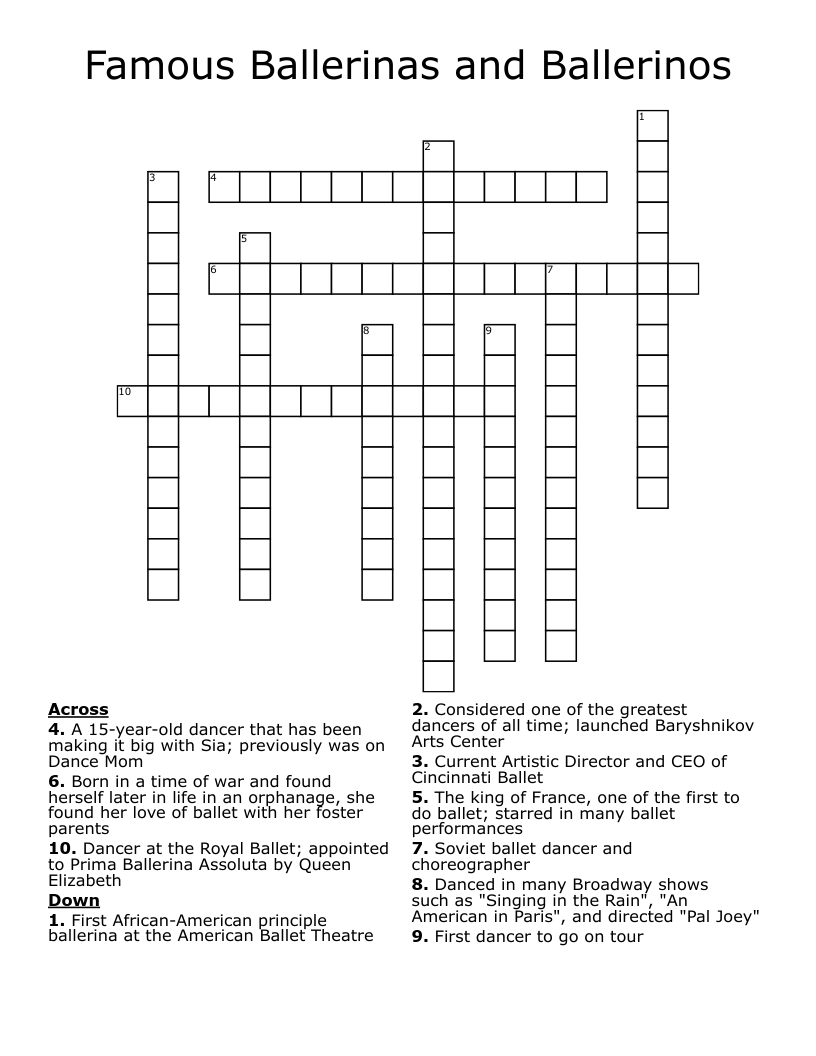 Famous Ballerinas and Ballerinos Crossword