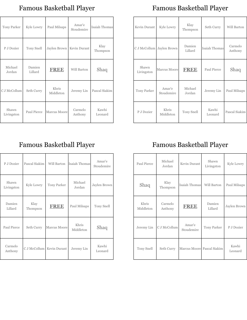 Famous Basketball Player Bingo Cards