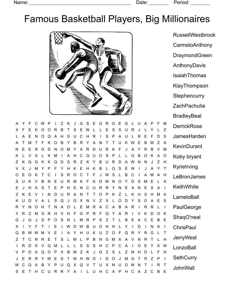 Famous Basketball Players, Big Millionaires Word Search