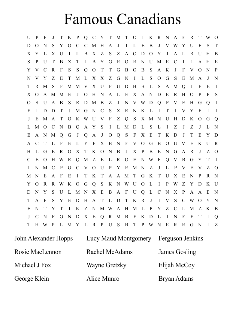 Famous Canadians Word Search