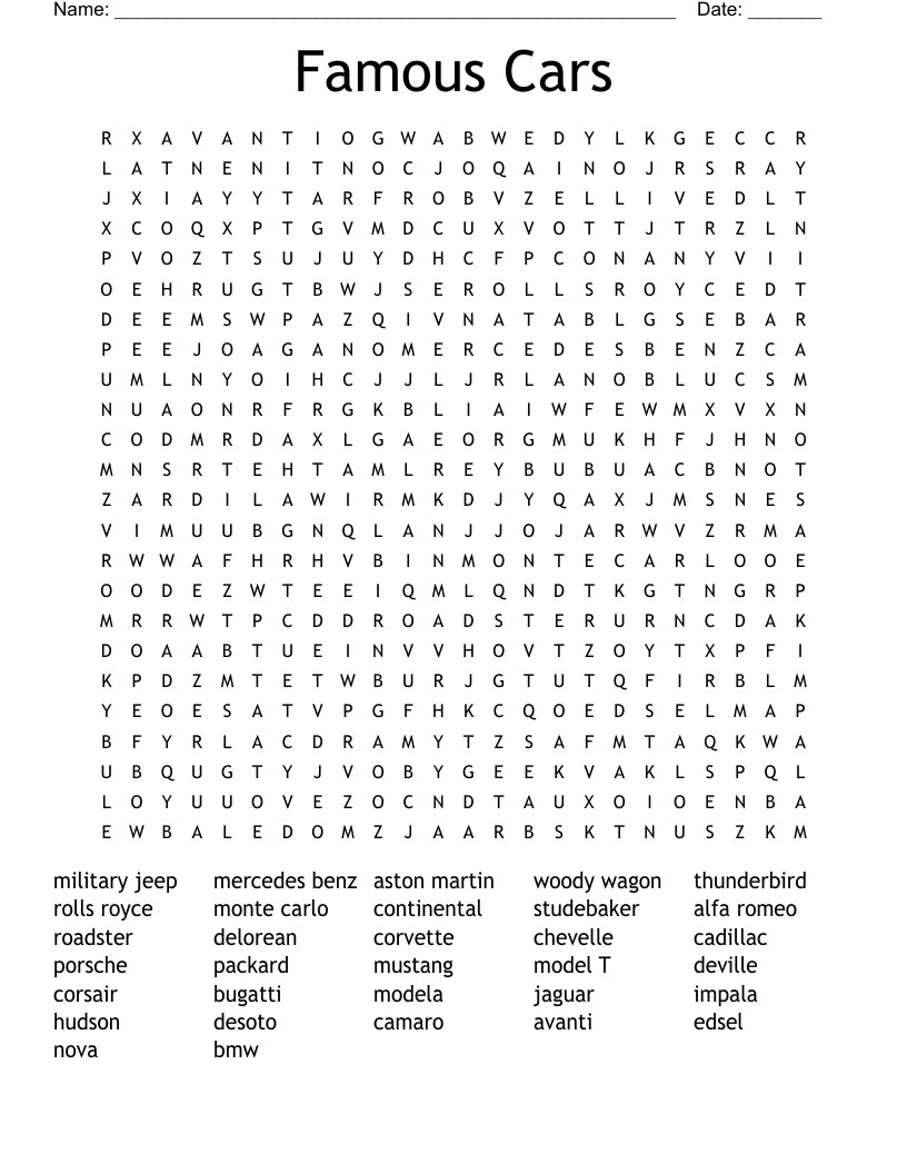 Famous Cars Word Search