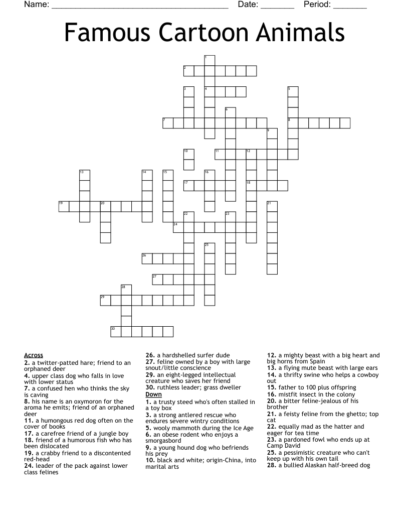 Famous Cartoon Animals Crossword