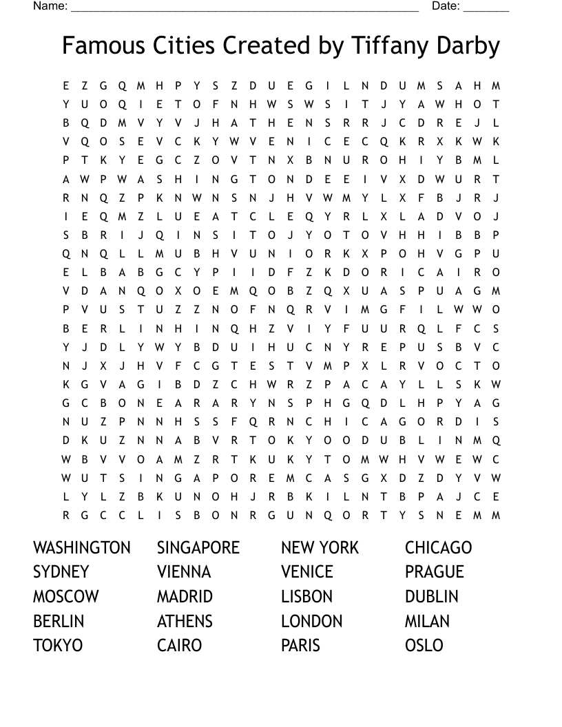 Famous Cities Created by Tiffany Darby  Word Search