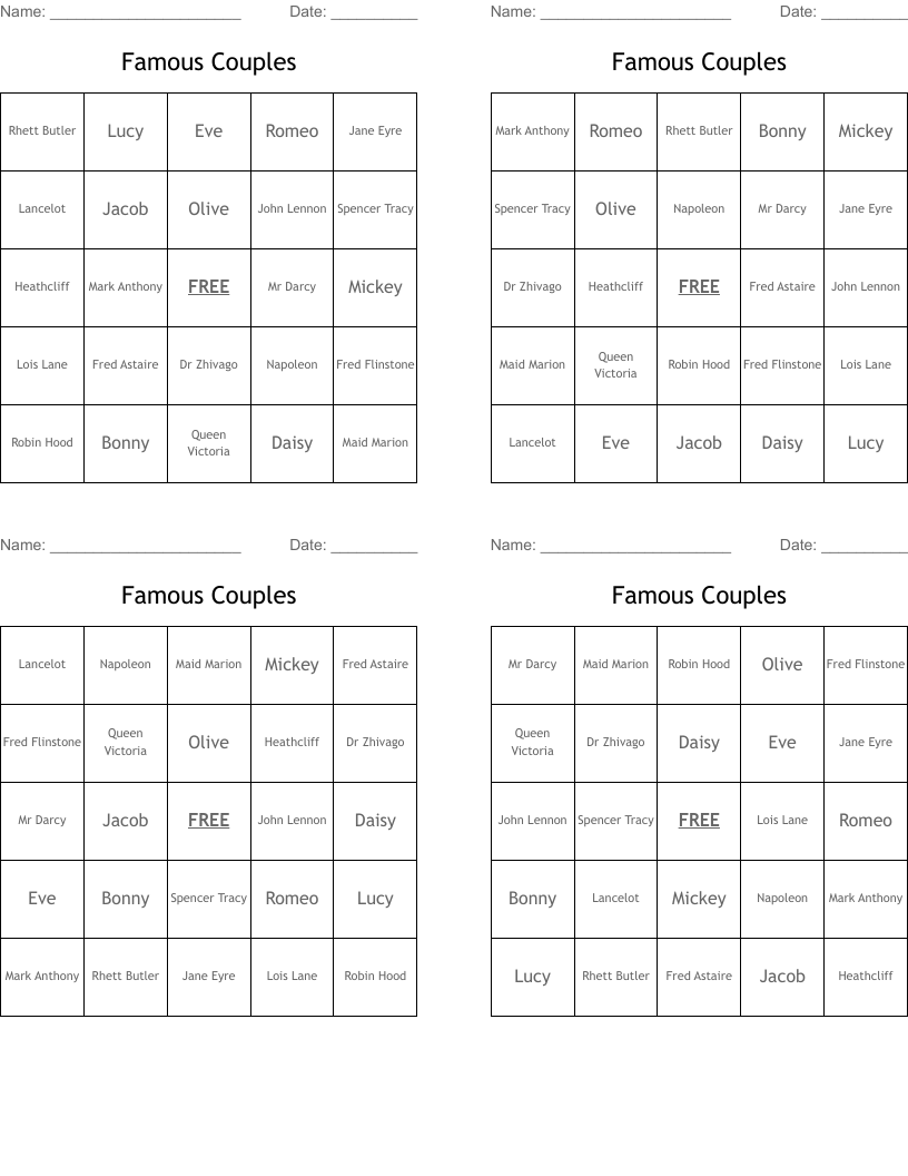 Famous Couples Bingo Cards