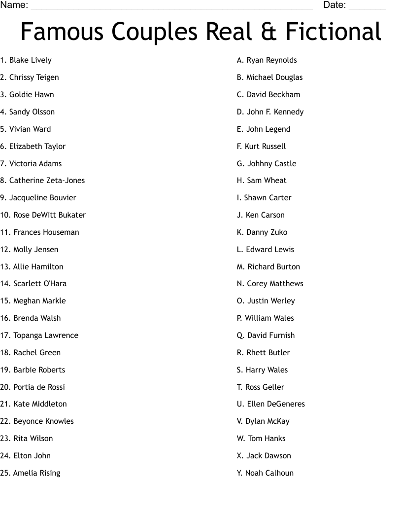 Famous Couples Real & Fictional Worksheet