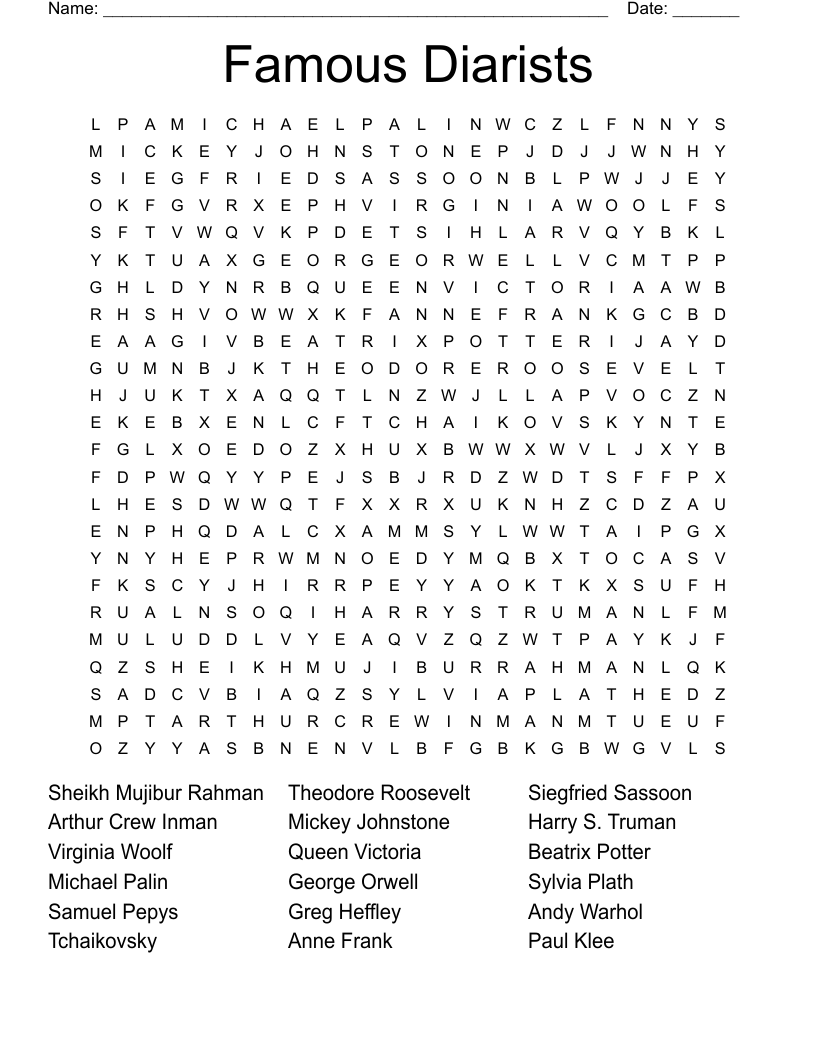 Famous Diarists Word Search