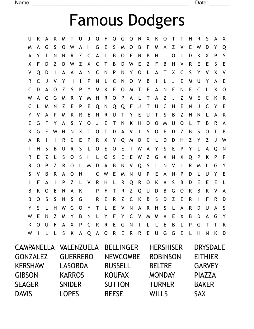 Famous Dodgers Word Search