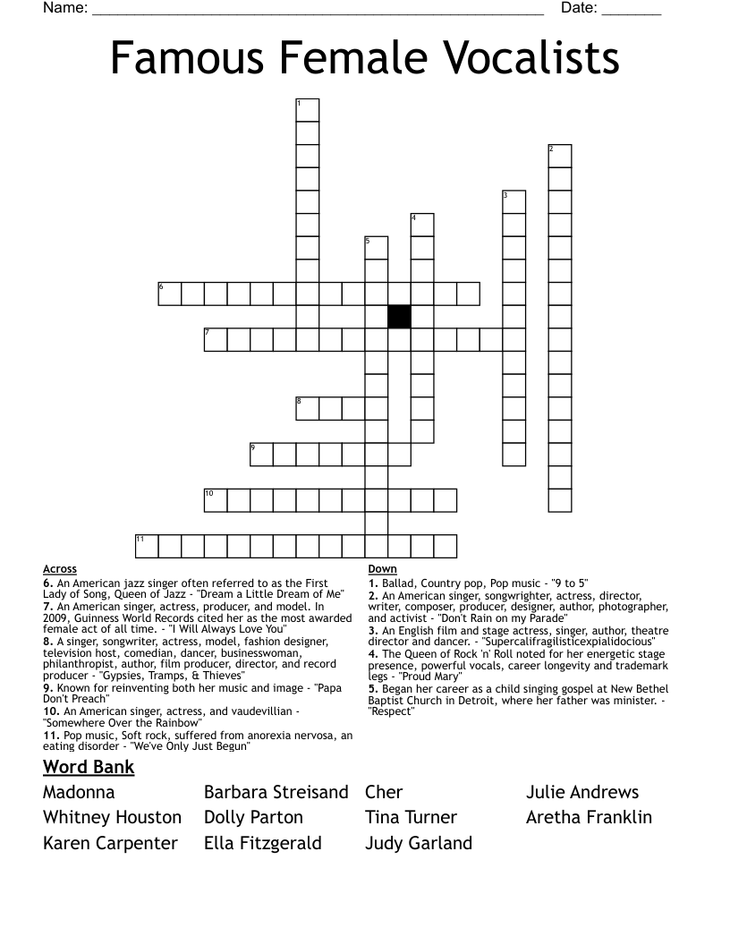 Famous Female Vocalists Crossword