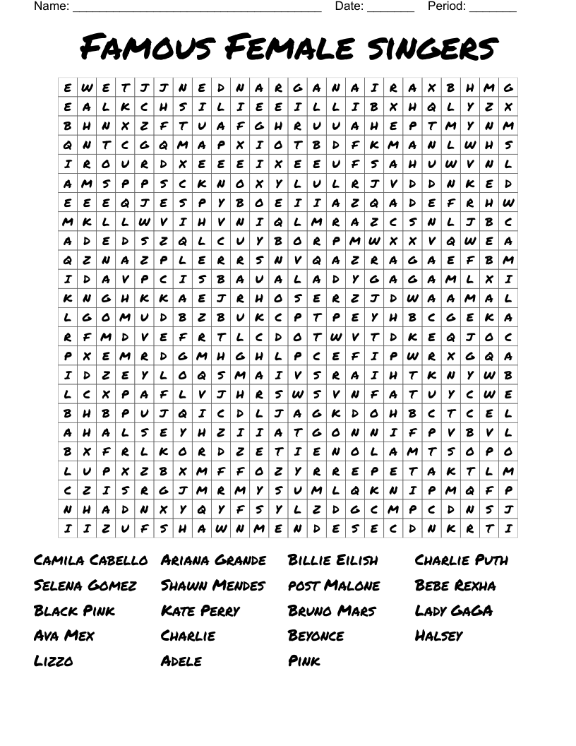 Famous Female singers Word Search