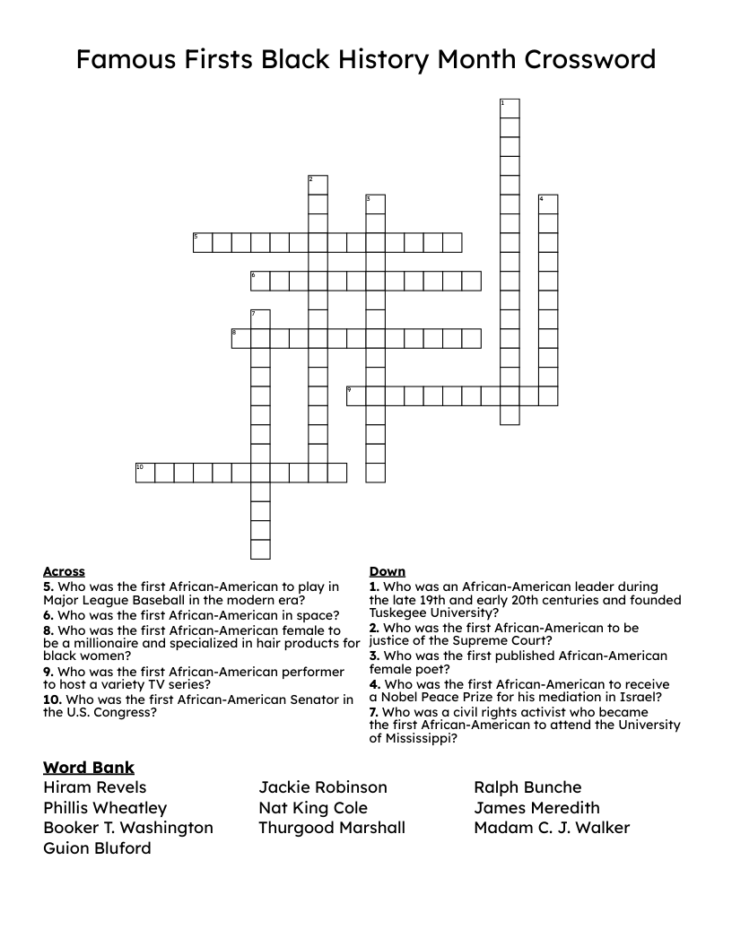 Famous Firsts Black History Month Crossword