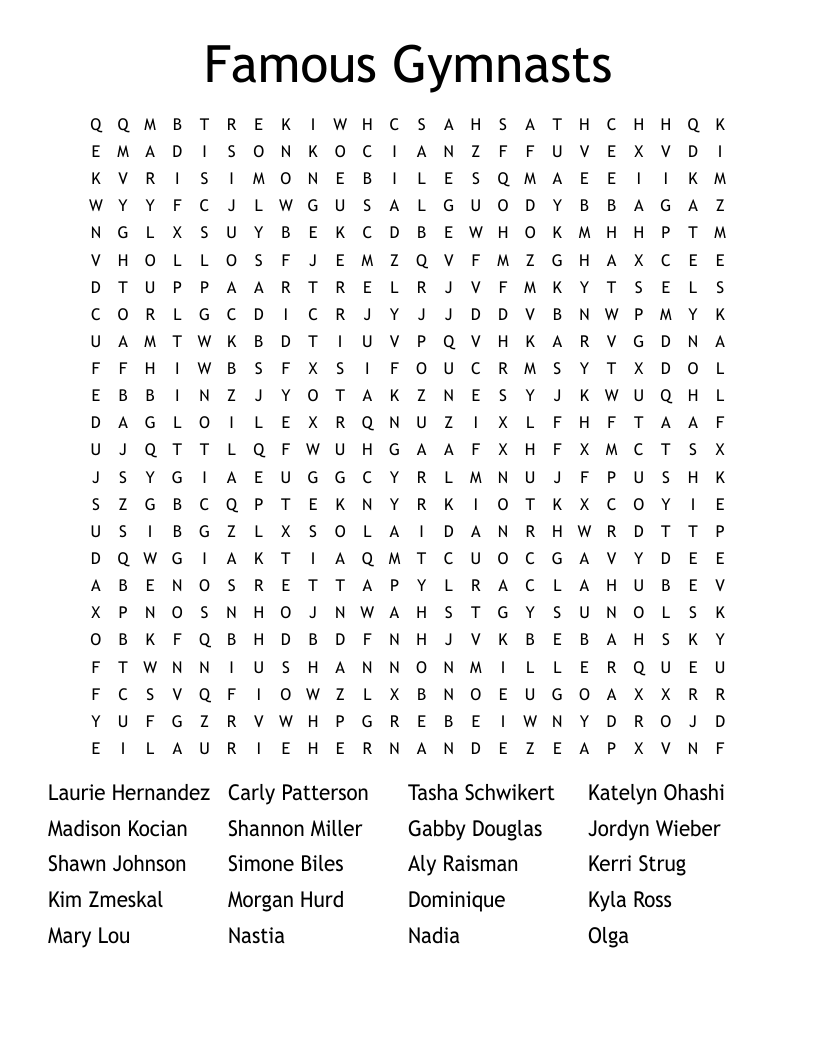 Famous Gymnasts Word Search