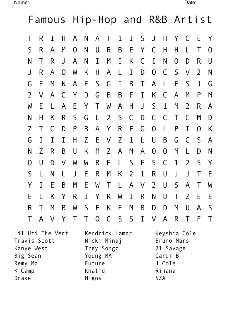 Famous Hip-Hop and R&B  Artist Word Search