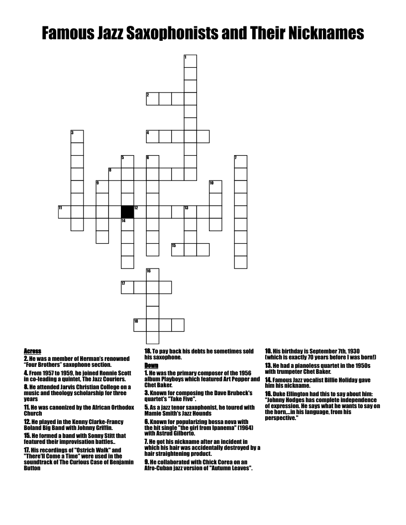 Famous Jazz Saxophonists and Their Nicknames Crossword