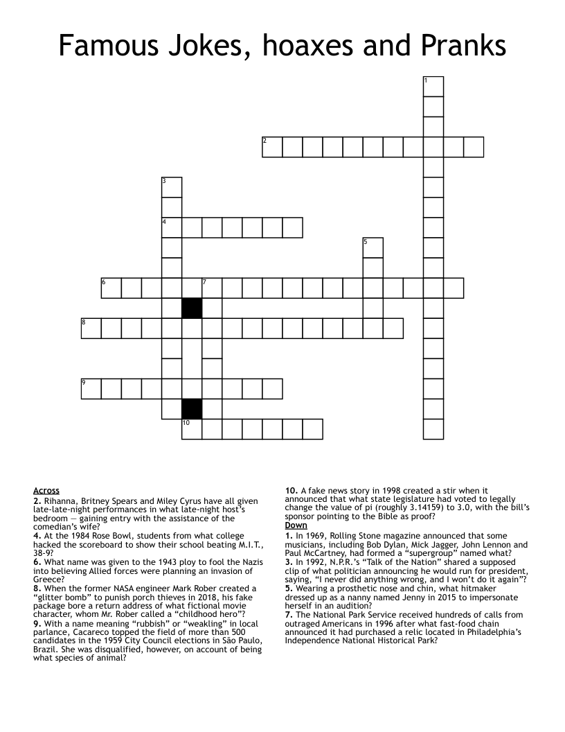 Famous Jokes, hoaxes and Pranks Crossword