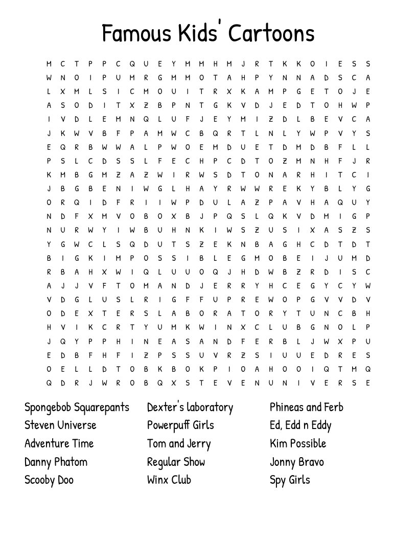 Famous Kids' Cartoons Word Search