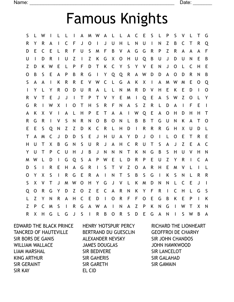 Famous Knights Word Search
