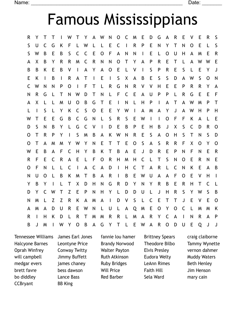 Famous Mississippians Word Search
