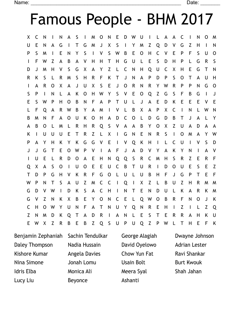 Famous People - BHM 2017 Word Search