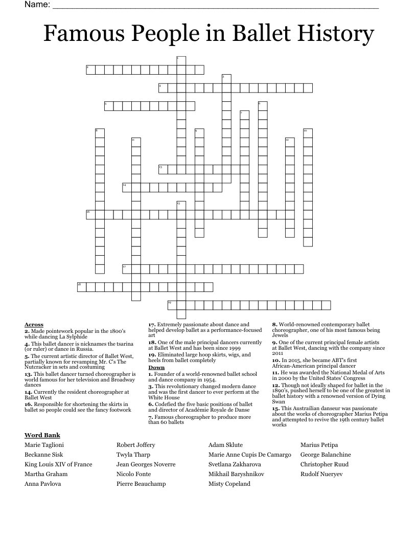 Famous People in Ballet History Crossword