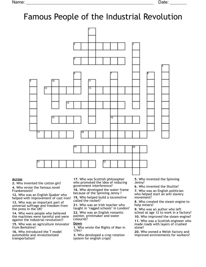Famous People of the Industrial Revolution   Crossword