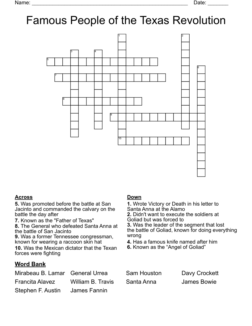 Famous People of the Texas Revolution Crossword