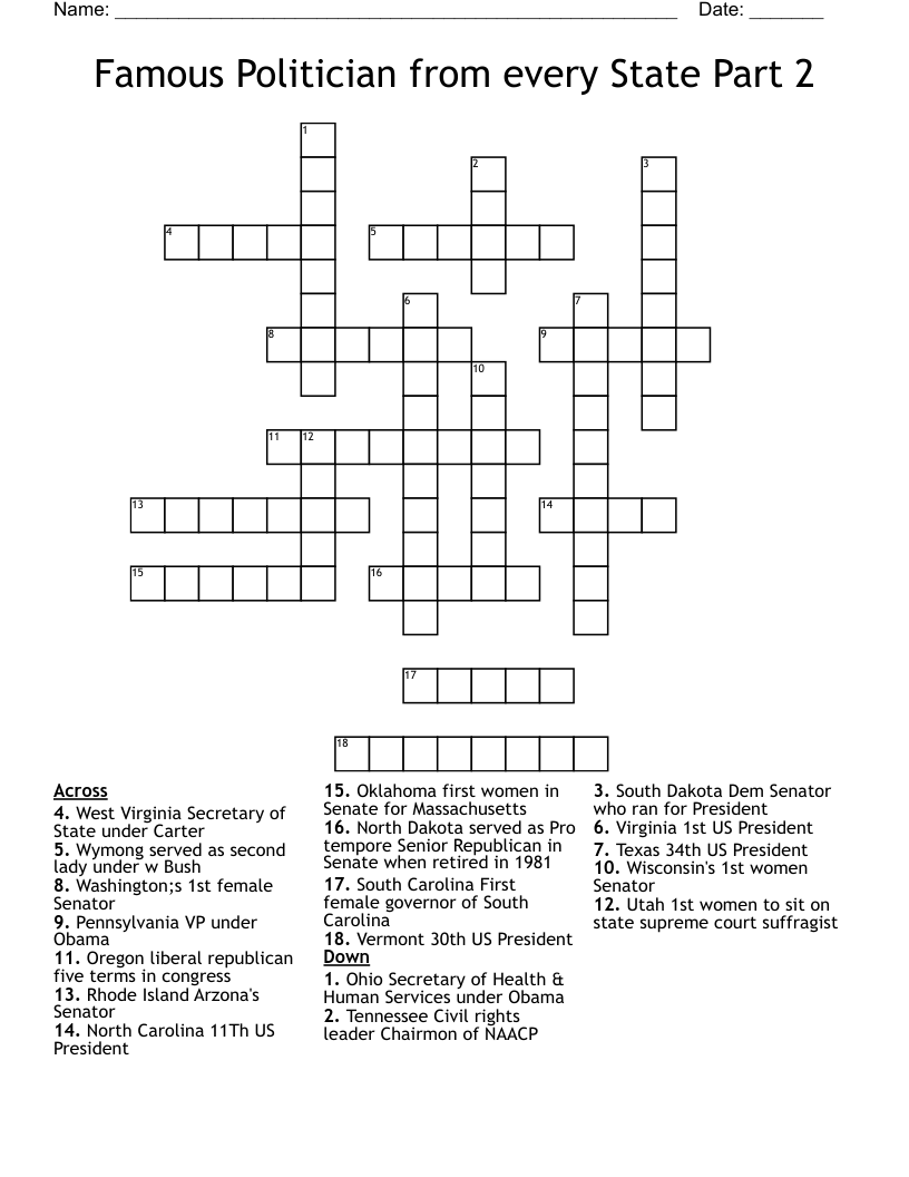 Famous Politician from every State Part 2 Crossword