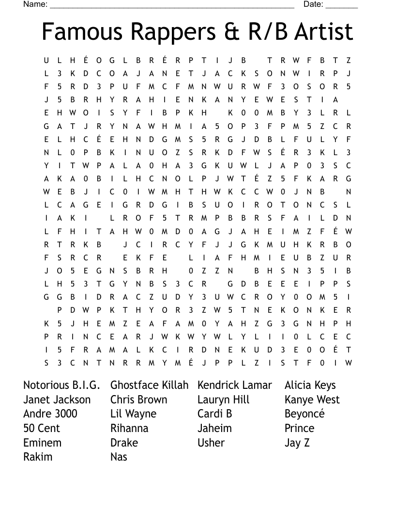 Famous Rappers & R/B Artist Word Search