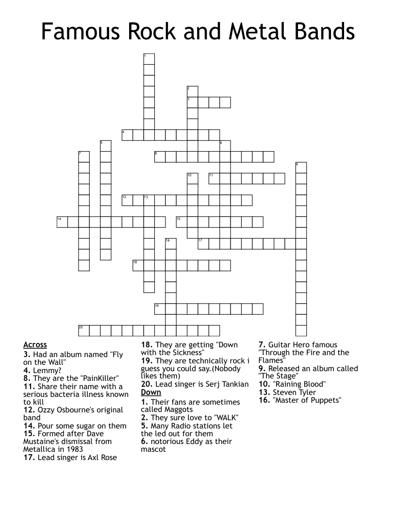 Famous Rock and Metal Bands Crossword