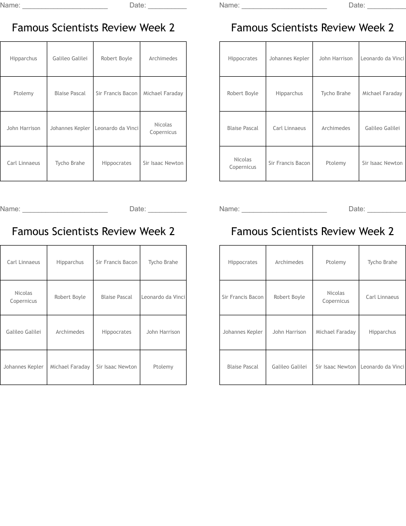 Famous Scientists Review Week 2 Bingo Cards