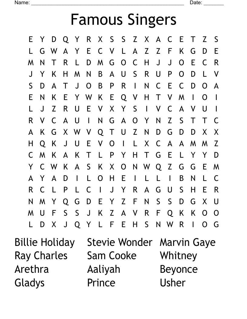 Famous Singers Word Search