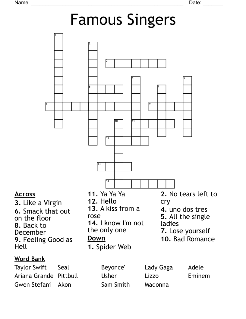 Famous Singers Crossword