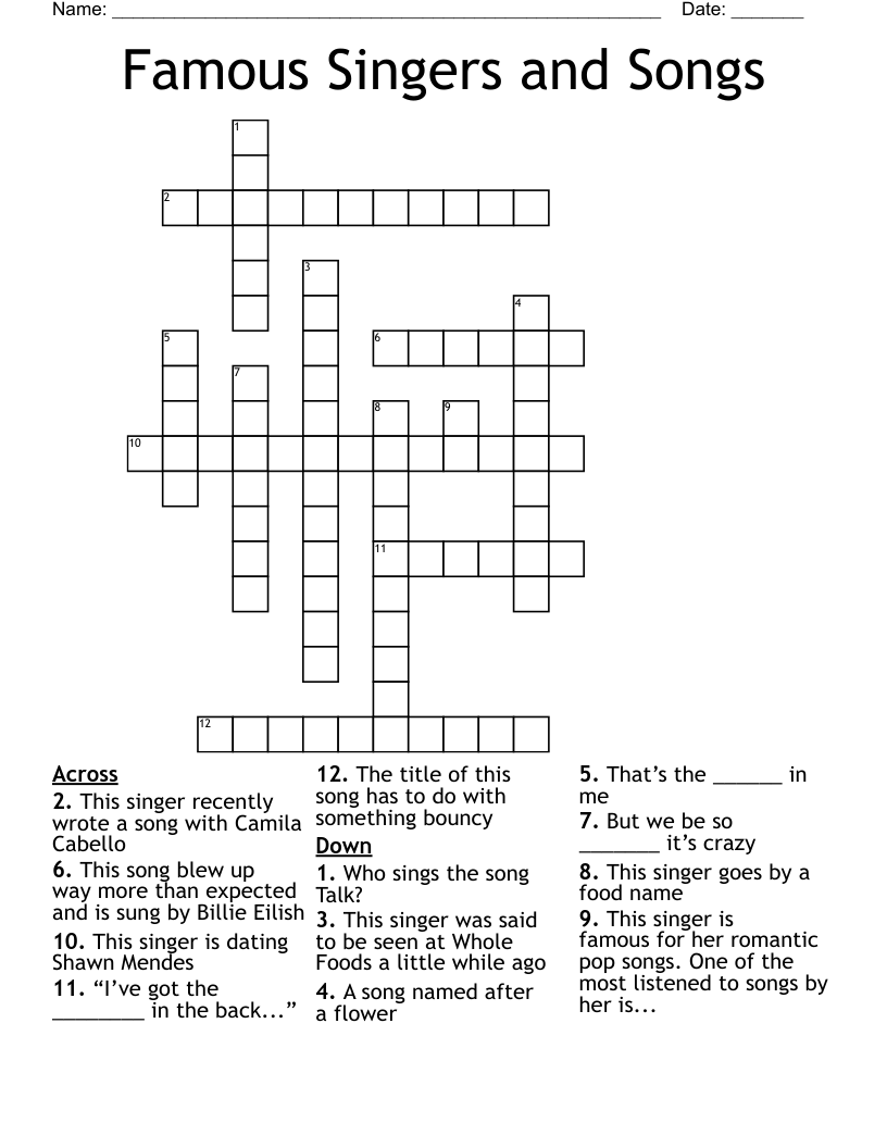 Famous Singers and Songs Crossword