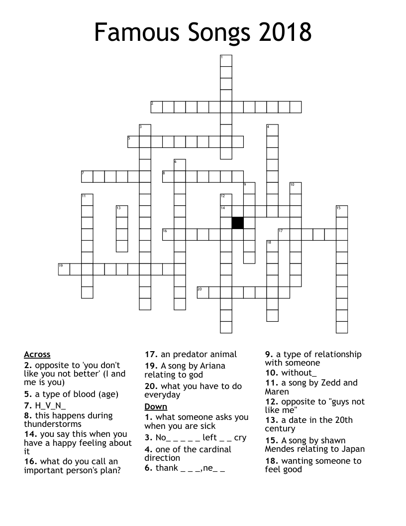 Famous Songs 2018 Crossword