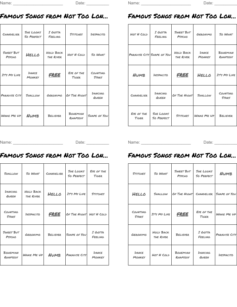 Famous Songs from Not Too Long Ago Bingo Cards