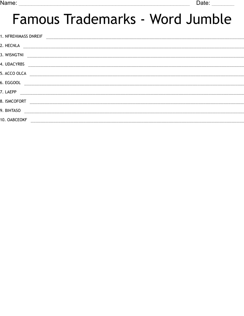 Famous Trademarks - Word Jumble Word Scramble
