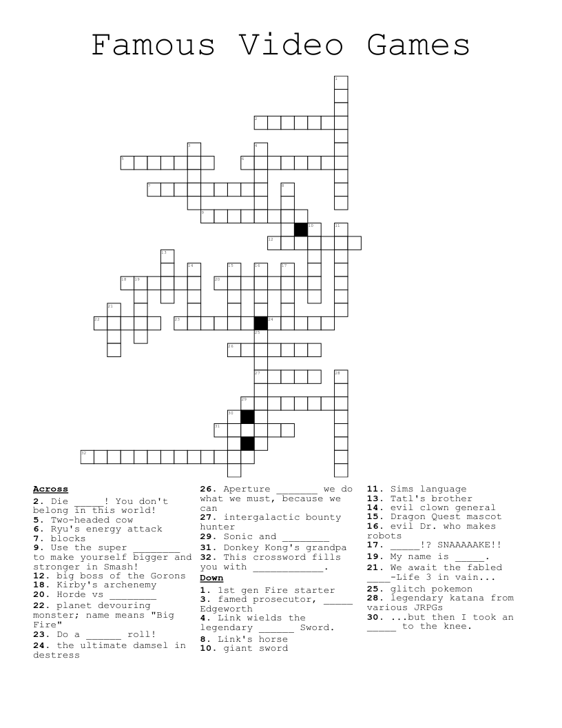 Famous Video Games Crossword