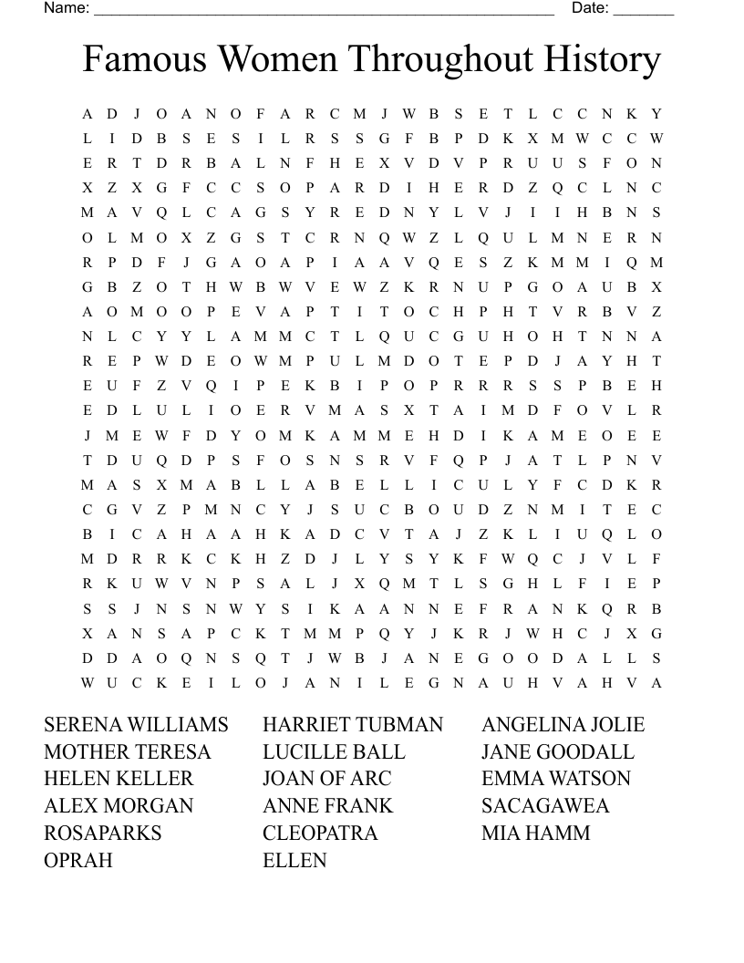 Famous Women Throughout History  Word Search
