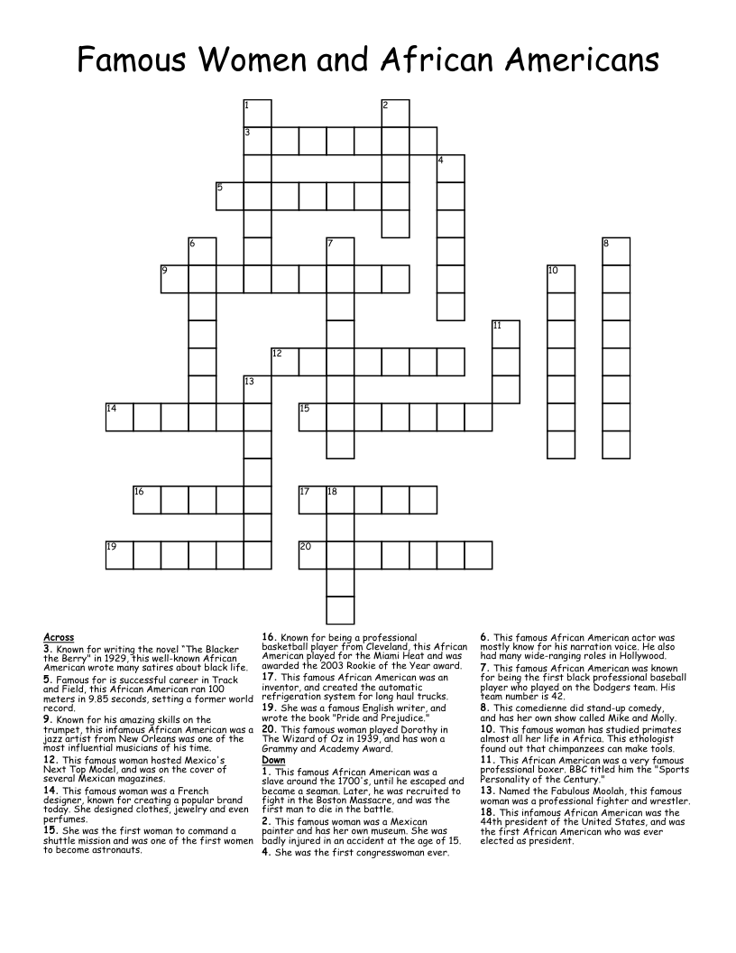 Famous Women and African Americans Crossword
