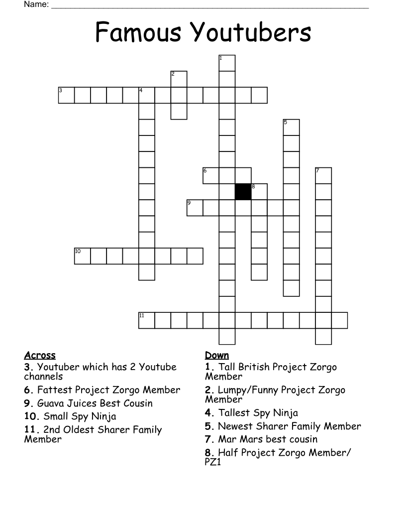 Famous Youtubers Crossword