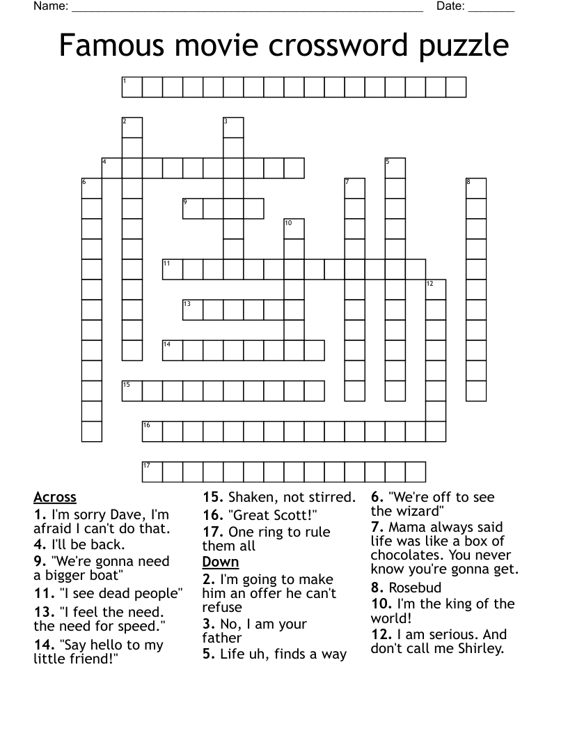 Famous movie crossword puzzle