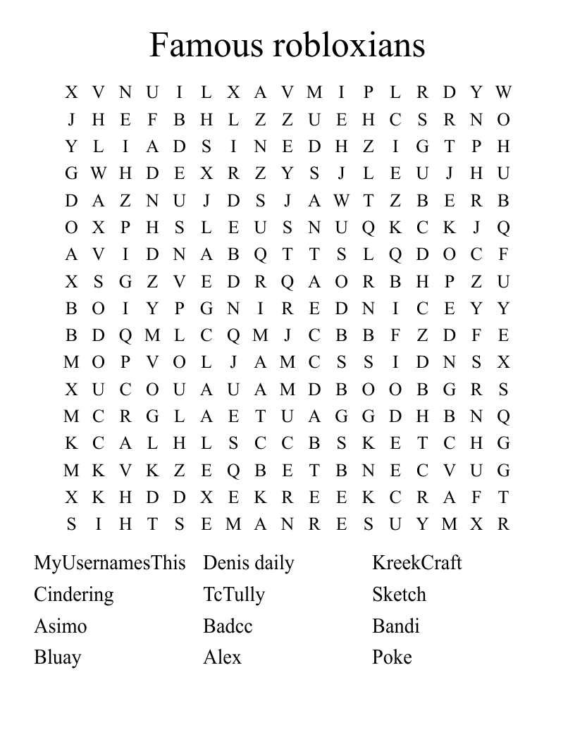 Famous robloxians Word Search