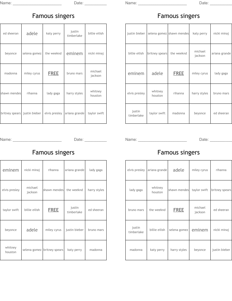 Famous singers Bingo Cards
