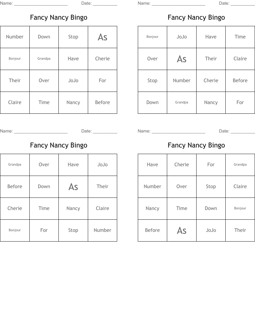 Fancy Nancy Bingo